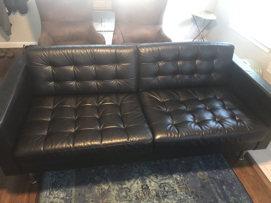 Black Mixed-Leather Midcentury Style IKEA Landskrona Sofa
