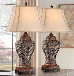 Set of 2 Carved Wood Brown Table Lamps with Rectangular Shades