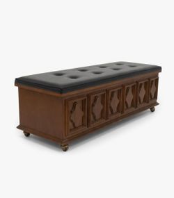 Dark Wood Storage Bench with Tufted Black Leather Top - Carved Panels