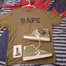 Brand New Bathing Ape Shirt Men's XL With Brand New Army Green Converse Pro  Leather Men Size 11