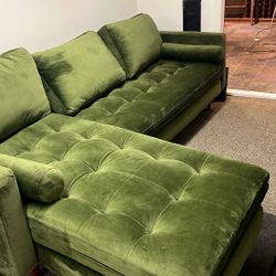 Couch L shaped green suede 