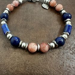 Beaded Sterling Silver Bracelet with Blue and Pink Stones