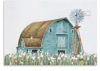 32x24 teal barn with windmill canvas wall art