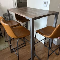 CB2 Stilt High Top Dining Table + 4 Bar Stools – Solid Wood / Industrial