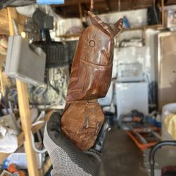 vintage, hand-carved wooden owl figurine