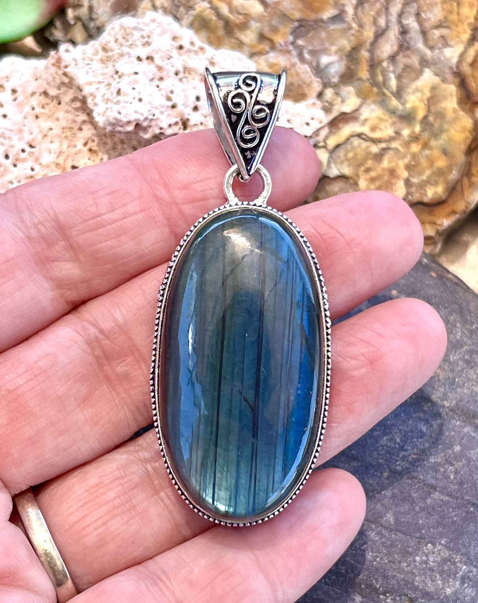 Blue Flash Labradorite Sterling Silver 2.4” Pendant