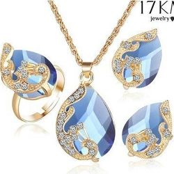 Blue Crystal Water Droplets Necklace Earing Ring Set
