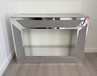 Modern Mirrored Console Table w/ Glass Top – Glam Silver Entryway Table