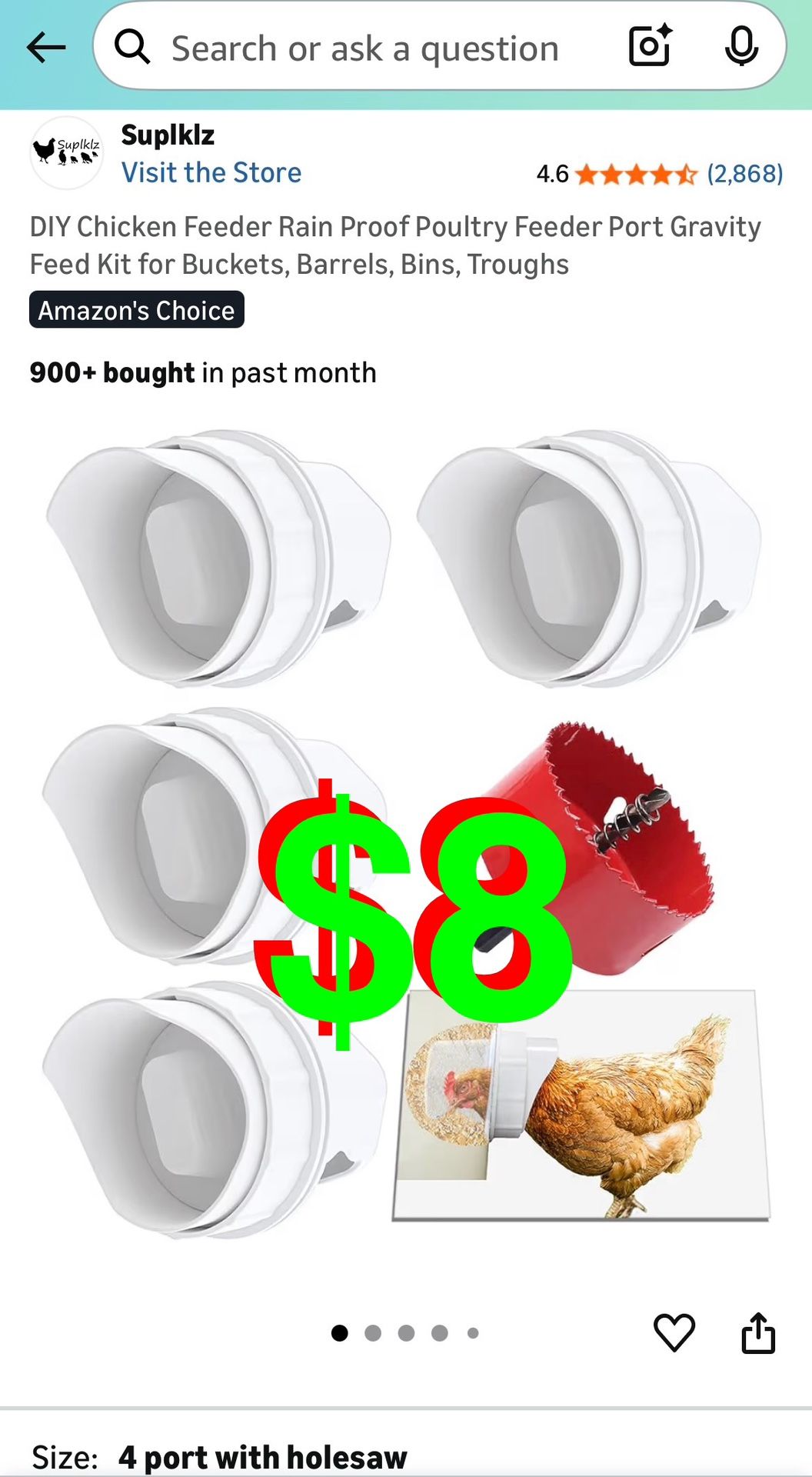 Chicken Feeder Rain Proof Poultry Feeder Port Gravity Feed Kit for Buckets, Barrels, Bins, Troughs. (4 port with hole saw)