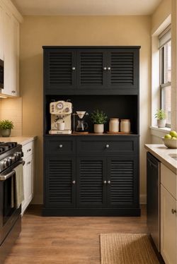 70"Tall & Freestanding Kitchen Pantry Cabinet with Adjustable Shelves & Louvered Door, Black.