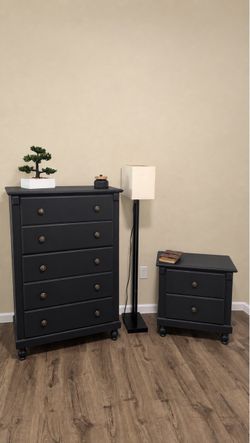 Beautiful Satin Black 5 drawer Chest and Nightstand