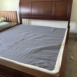 King Size Bed Frame with Box Support & Side Table – Dark Cherry Wood Finish