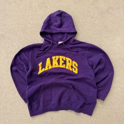 Vintage NBA Los Angeles Lakers Purple Arched Logo Pullover Hoodie Size Large L 90s Y2K Fade