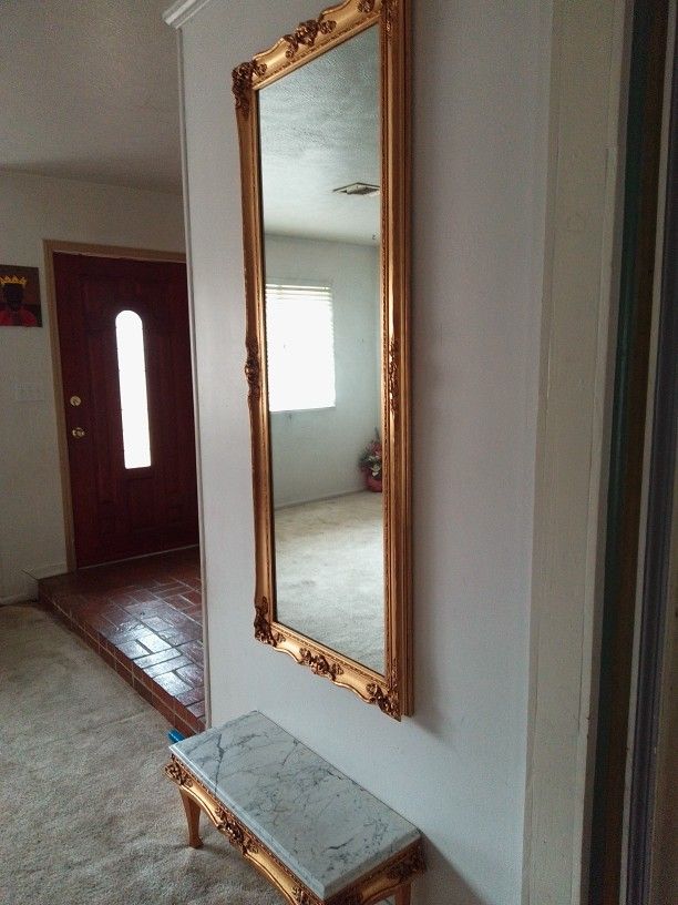 Large Vintage Gold Wall Mirror And Marble Table. $100