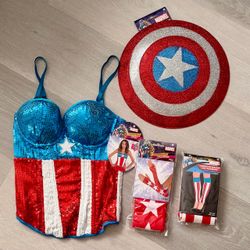 NEW Marvel Sexy American Dream Halloween Costume Set - Corset, Shield, Arm & Leg Warmers