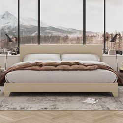 King Size Bed Frame with Adjustable Headboard, Upholstered Platform Bed with Wood Slats, Heavy Duty Mattress Foundation, No Box Spring Needed, Noise-F