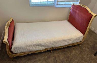 Vintage French Provincial Twin Bed Frame – Rose Velvet & Gold Carved Wood