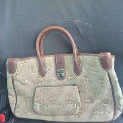 DOONEY & BOURKE Double Handle Signature Tan Canvas  Leather Trim Tote Bag With Small Matching Zip Pouch