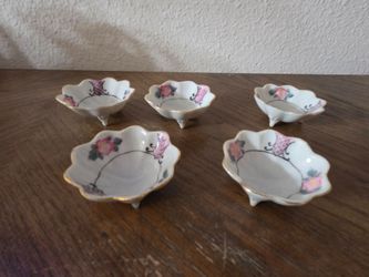 Antique Hand Painted Nippon Floral Footed 5 Piece Berry Nut Bowl Set Salt Dish