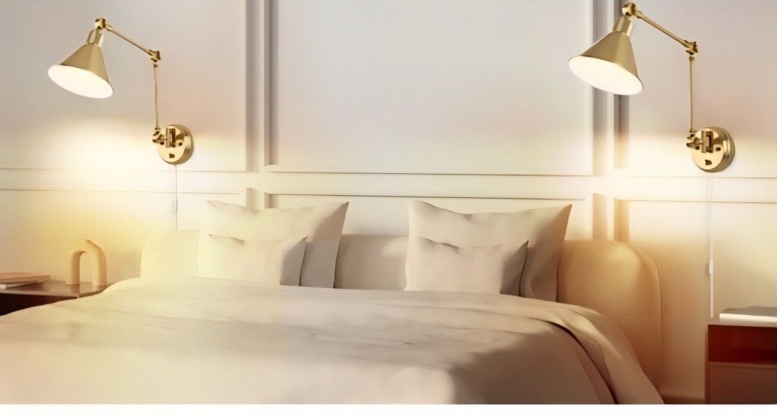 Modern, stylish, plug-in and dimmable brushed brass swing arm wall lights, industrial lighting with 1.8m socket.