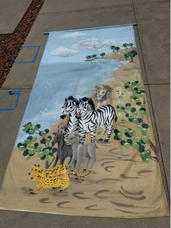 Giant Hand-Painted Safari Jungle Canvas Wall Hanging – Children’s Room Decor