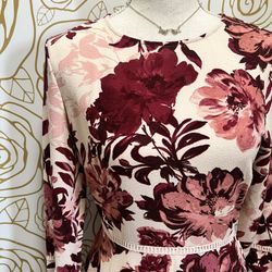 Charles Henry long sleeve burgundy floral dress with flared sleeves with ladder detail trim