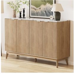 55'' Large Sideboard Buffet Storage Cabinet, Fluted Credenza Accent Cabinet With Faux Stone Top