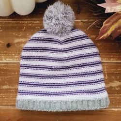 SIZE 4T AND UP TODDLER GIRLS PURPLE/GRAY/WHITE STRIPE KNIT FLEECE-LINED POM