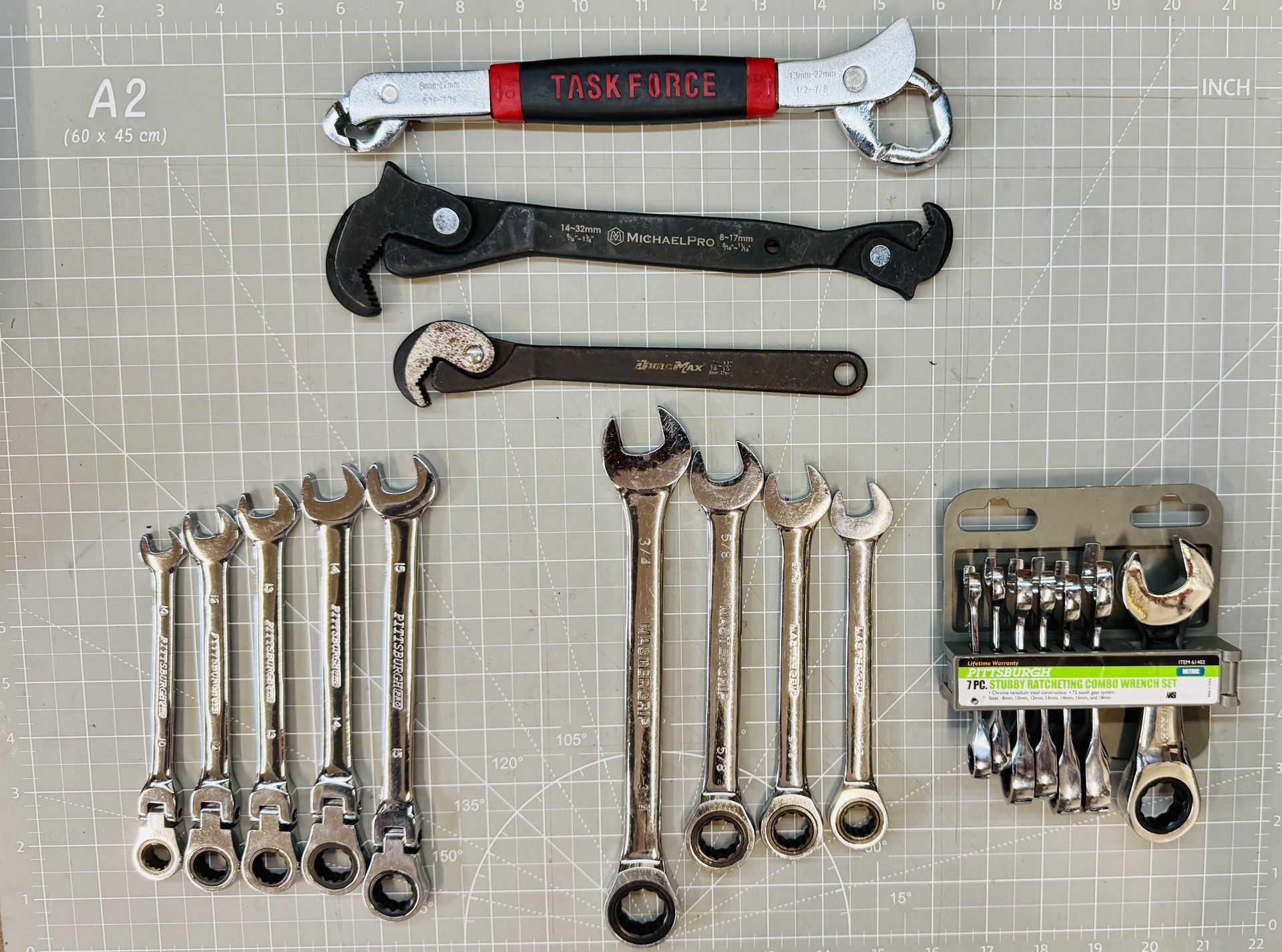 Ratchetting combination Wrench Sets (metric and sae) +Dual Action Auto Size Adjusting Wrench sets