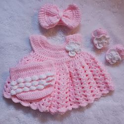 Crochet Baby Girl Pink And White Heirloom Dress Set Photo Prop 