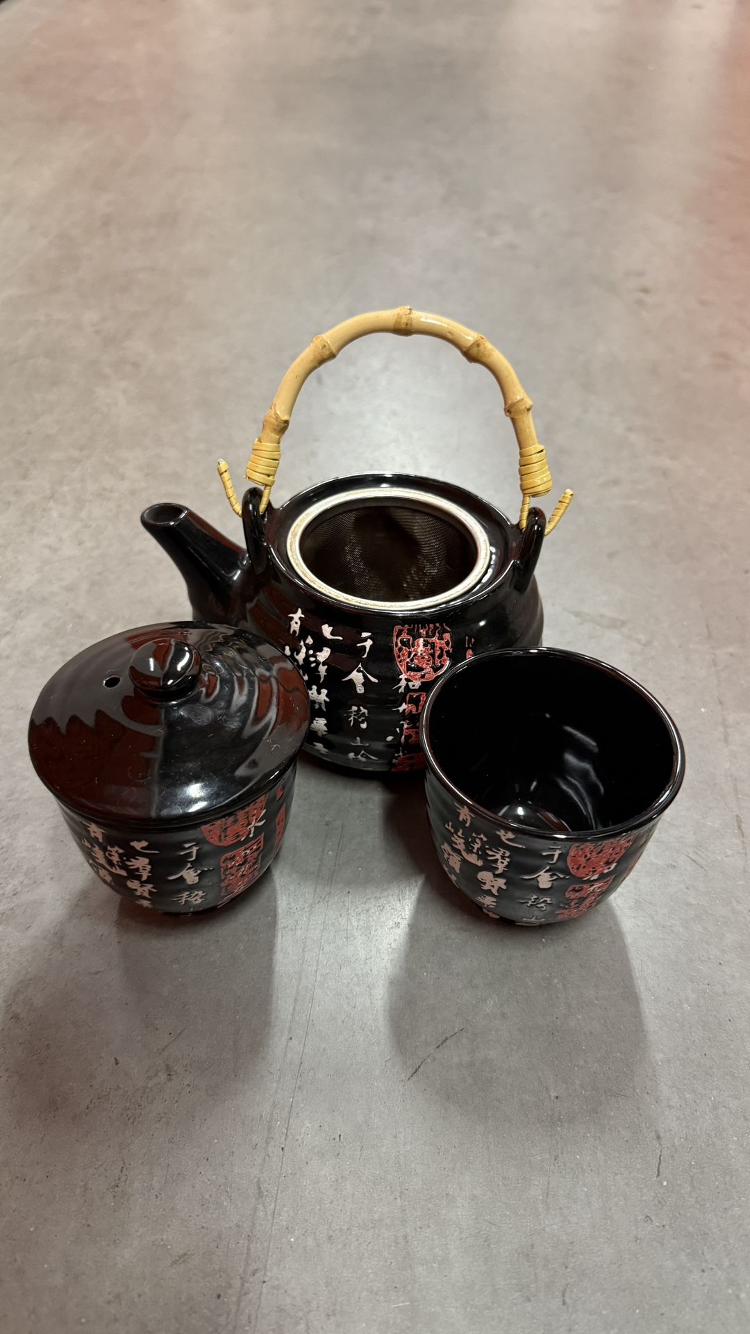 Vintage Japanese Black Ceramic Teapot Set with Bamboo Handle and 2 Cups – Calligraphy Design 