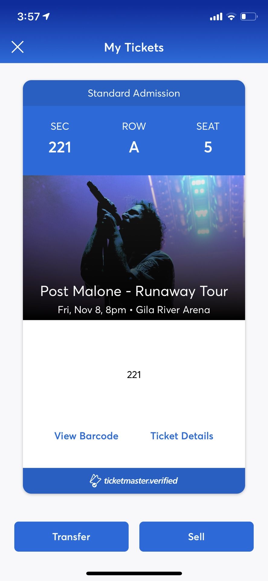 Post Malone front row of section 221