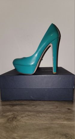 Sergio Rossi Teal Leather Platform Heels Size 8, Brand New in Box