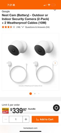 Google Nest Cam (Battery) - Outdoor or Indoor Security Camera (2-Pack) + 2 Weatherproof Cables (10M)
