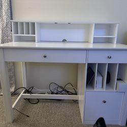 White Wooden Office Desk with Hutch & Storage – Good Condition!