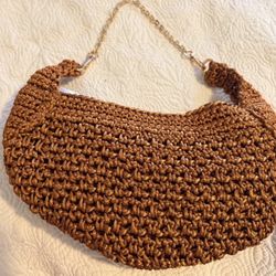 Zara Brown Crochet Crescent Shoulder Bag with Chain