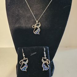 New Silver Blue Fire Opal Cat Necklace And Earrings 