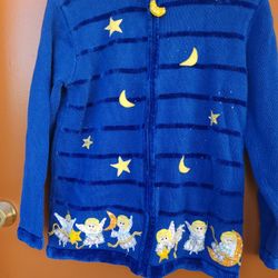 VTG Quacker Factory Christmas Sweater Cardigan Full Zip Blue Angels Stars Moon M?