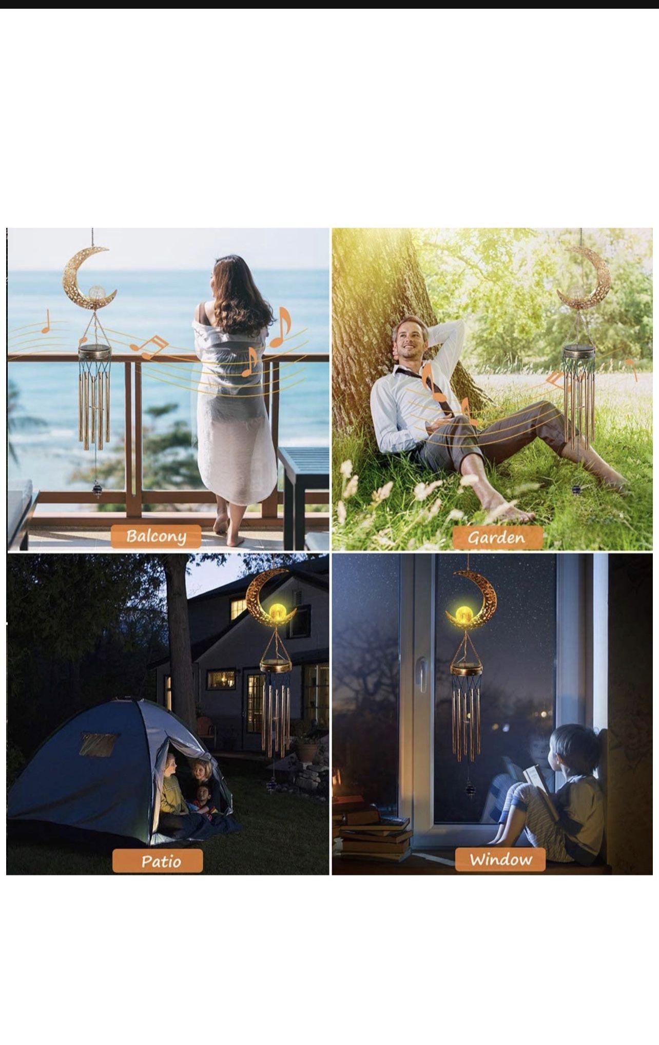 Solar Wind Chimes for Outside, Memorial Wind Chimes with Moon Crackle Glass Ball Warm LED Light, Sympathy Wind Chimes with Metal Tubes Waterproof Uniq