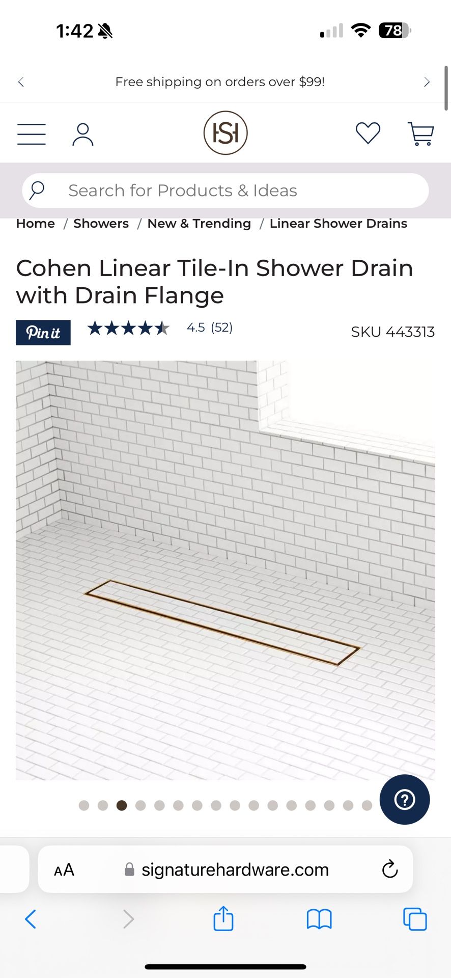Signature Hardware 18” Cohen Linear Tile-In Shower Drain w/ Flange Coupling