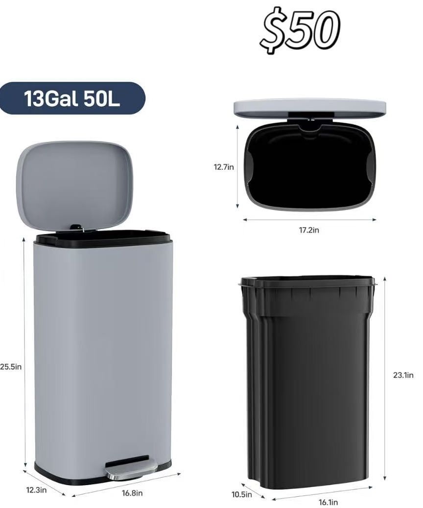 😀 Arlopu 8/13.2 Gallon Step Trash Can, Stainless Steel Garbage Bin, Soft-Close Rubbish Bin with Removable Plastic Inner Bucket