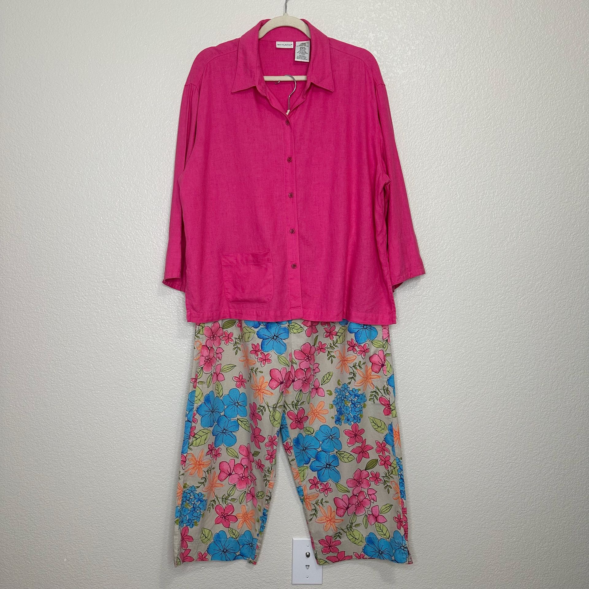 White Stag Linen Blend Pink Floral Shirt and Cropped Pants Set