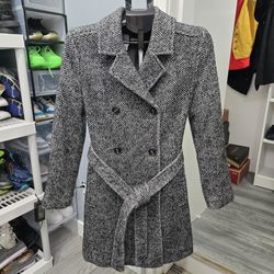 Abrigo Express Mujer M Tweed Espiga Lana Cinto Negro Blanco