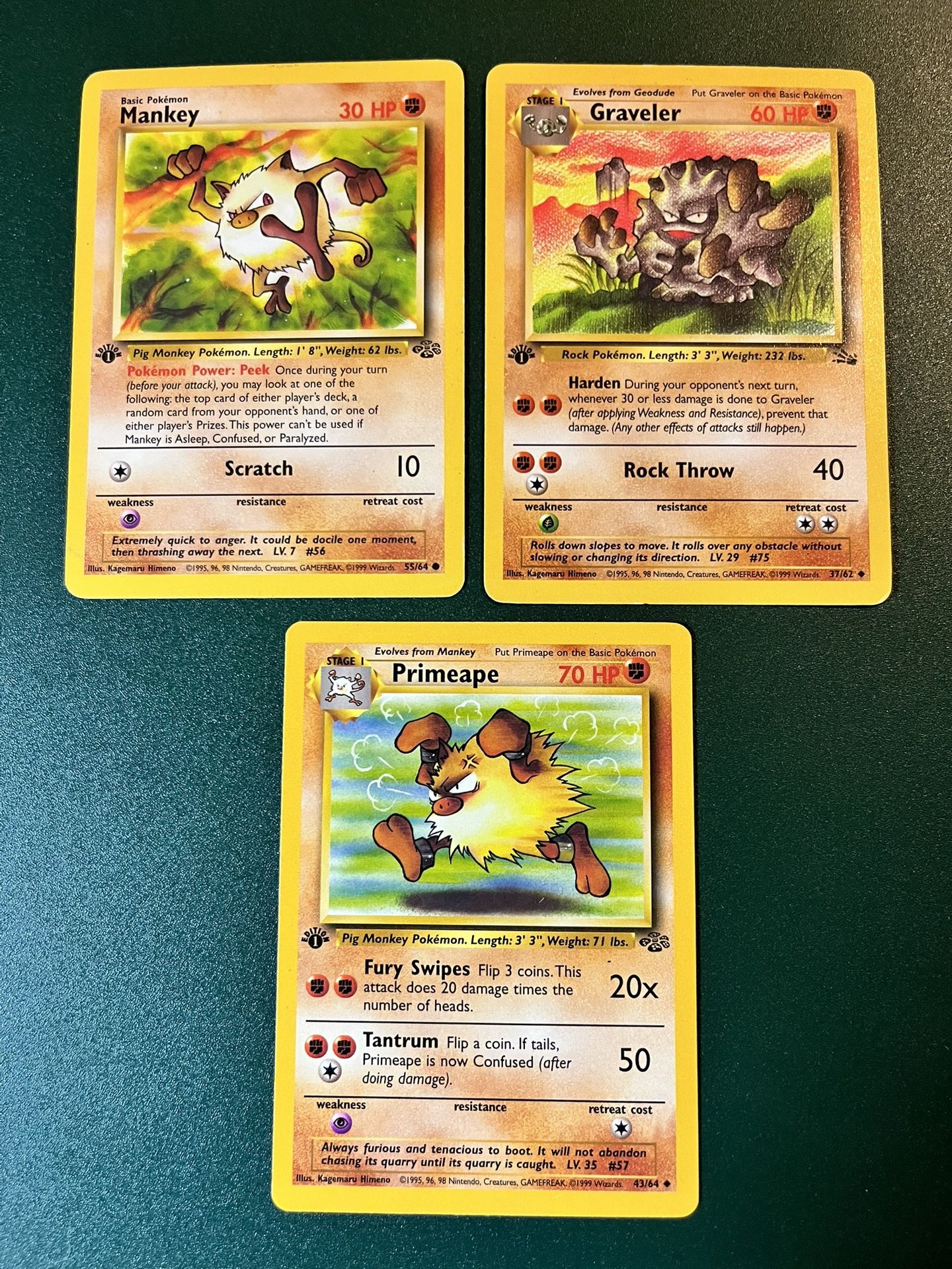 1st Edition Pokemon TCG Vintage 1999 Mankey Primeape Graveler NM