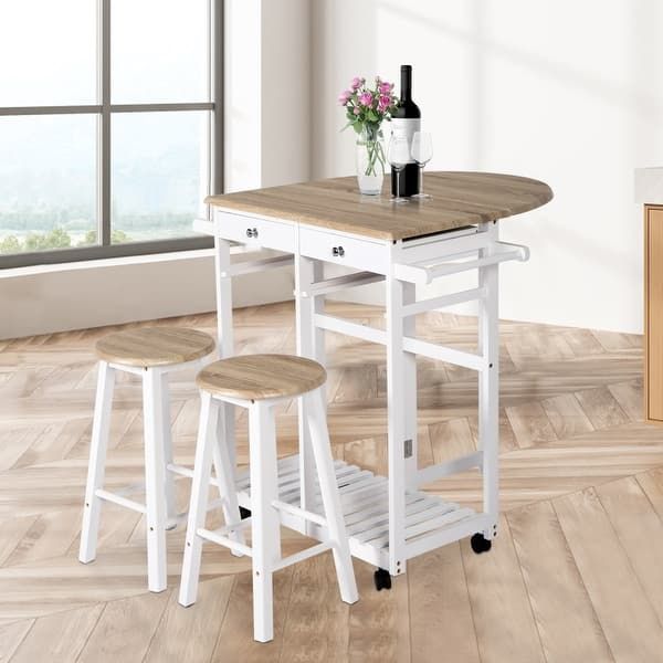 Kinbor Rolling Kitchen Island Cart, Wood Drop Leaf Table w/ 2 Stools, 3-Piece Dining Table Set, Breakfast Cart Kitchen Table Set Rdts003