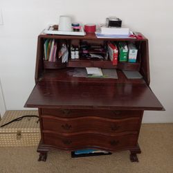 Dark Wood Solid Wood Old Fashioned Desk Four Drawers With Fold Down Small Drawers And Slots Inside