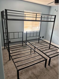 Black Metal Twin over Twin Bunk Bed with 2 Beds Below, Sleeps 3