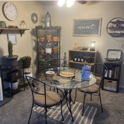 Round Glass Table With Rod Iron Base + 4 Chairs 