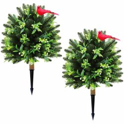 New Set of 2 Artificial Christmas Urn Filler Topiary Tree with Cardinal Birds, Pine, Mistletoe, Potted Fake Cypress Trees Faux Evergreen Plants for Ho