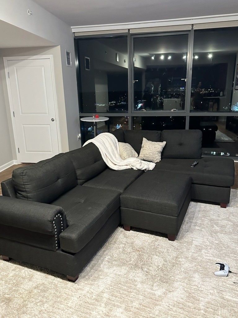Brand New Ash Black Charcoal Color Linen Sectional Sofa +Storage Ottoman (New In Box)